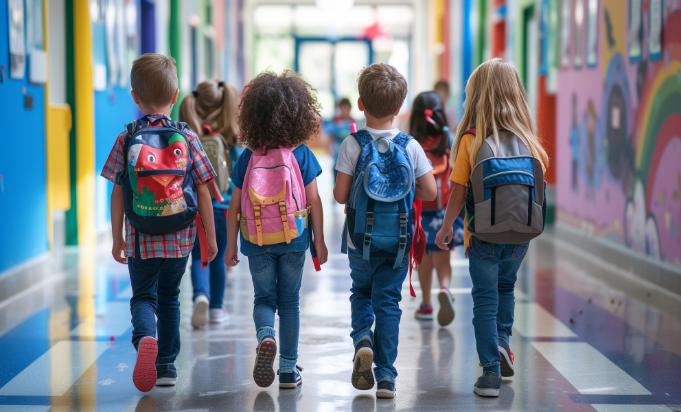 Four children wearing backpacks walking down a hallway in a school